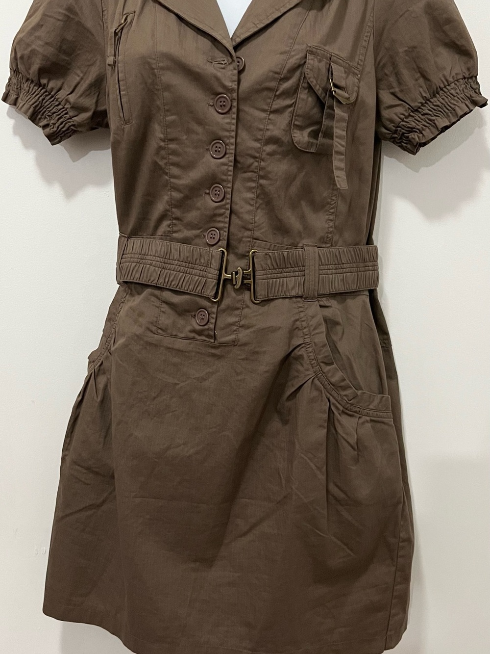 A’GACI 100% Cotton Safari Shirt Dress Belted Smocked Sleeves Sz